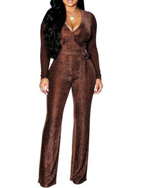 Women Casual Sexy V Neck Sparkly Jumpsuits Long Sleeve Onesie Loose Pants Party